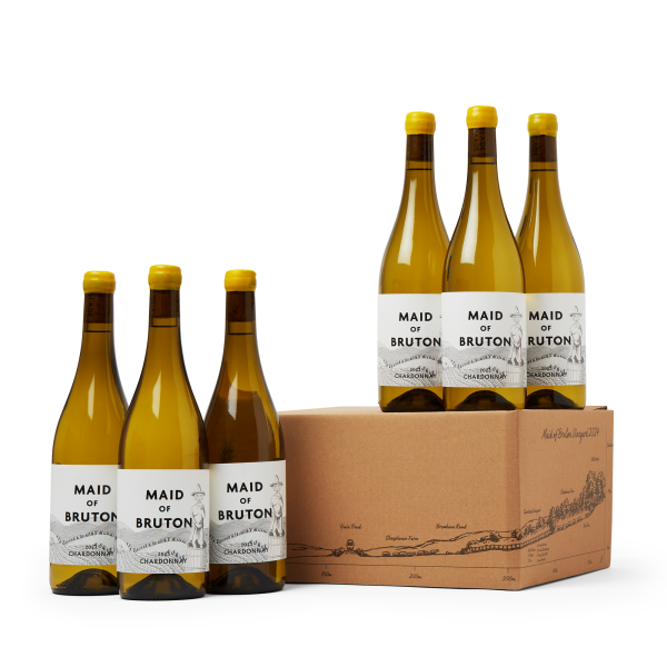 Six chardonnay bottles with packaging