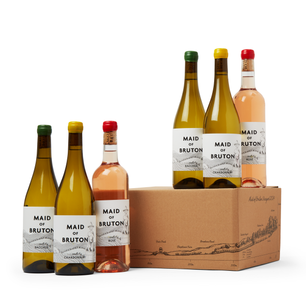 Six wine bottles with packaging