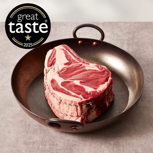 Prime Rib of beef in a black pan with Great Taste award