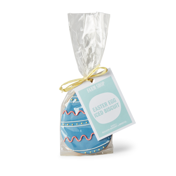 Blue decorated iced easter biscuit in packaging